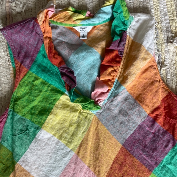 crown & ivy 100% Linen Sleeveless Colorful V Neck Top Size Large - Picture 4 of 5